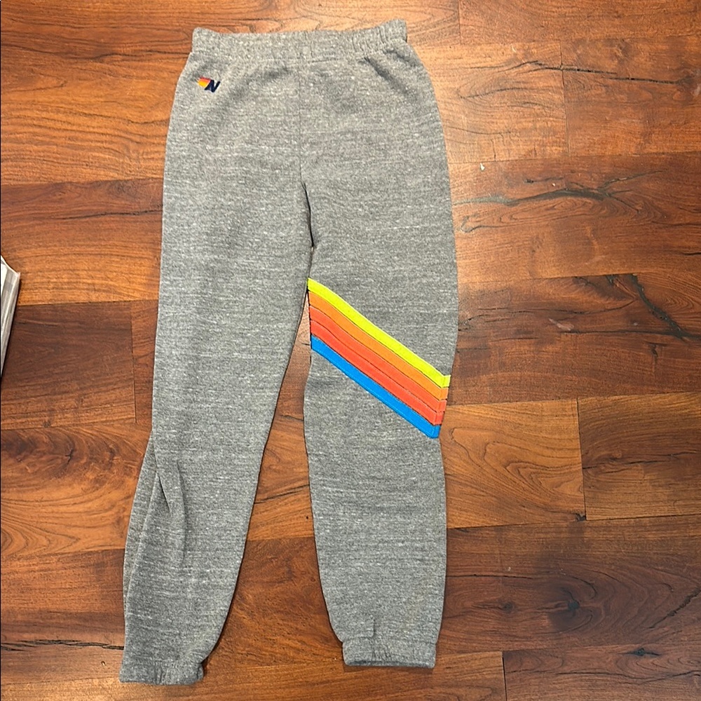 Aviator Nation Gray and Red Jogger Sweatpants with Rainbow Stripe